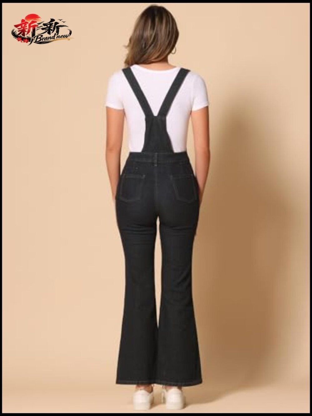 Adjustable Bib Bell Bottom Denim Overalls Pants Jumpsuits - Picture 3 of 5